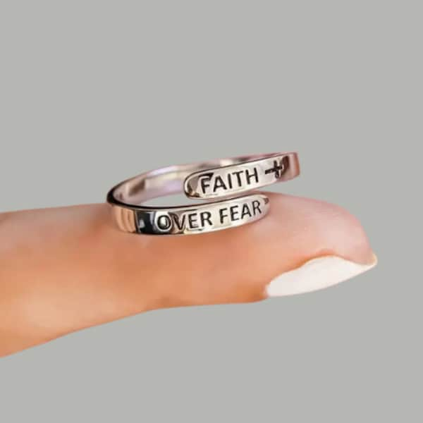 Faith Over Fear Adjustable Silver Colored Ring | Wrap Around Ring | Christian Jewelry | Open Faith Jewelry For Christian Women