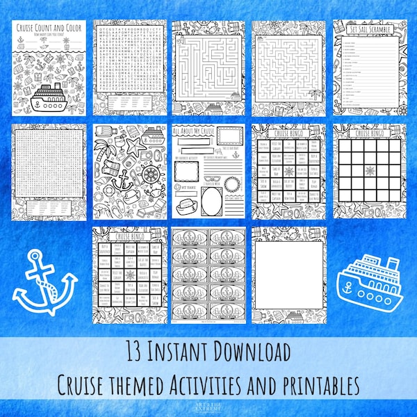 PRINTABLE Cruise Activity Worksheet Bundle, 13 Cruise Printable Activities for Kids, Downloadable Puzzle Coloring Activity for Kids, Games