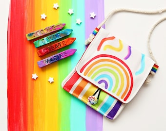 Rainbow Crayon Purse for Kids: Handmade Activity Tote Bag with Crayons
