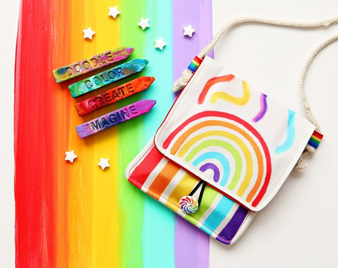 Rainbow Bag Gift - Rainbow Crayon Holder - Rainbow Crayon Tote - Travel Art Kit for Kids - Free shipping Kids Gift - Kids Activity Bag