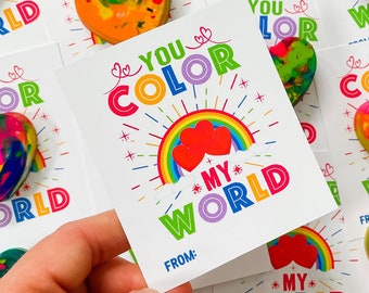 School Valentine Cards for Kids - Printable Valentines for Boy or Girl, Classroom Valentine - You Color My World - Valentine Card for Child