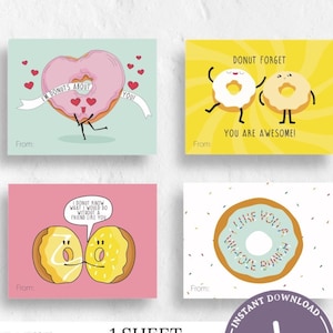Valentine Card Printable - INSTANT DOWNLOAD - Donut Theme Print at home Valentines - Class Valentine Cards for Kids - Downloadable Tag