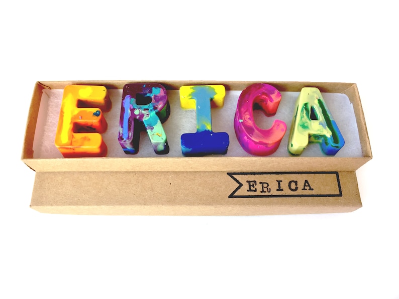 Crayon name set by Art2theExtreme that spells the name ERICA in rainbow crayon letters. This personalized gift for kid is a great party favor for kid idea or stocking stuffer for a girl or boy.