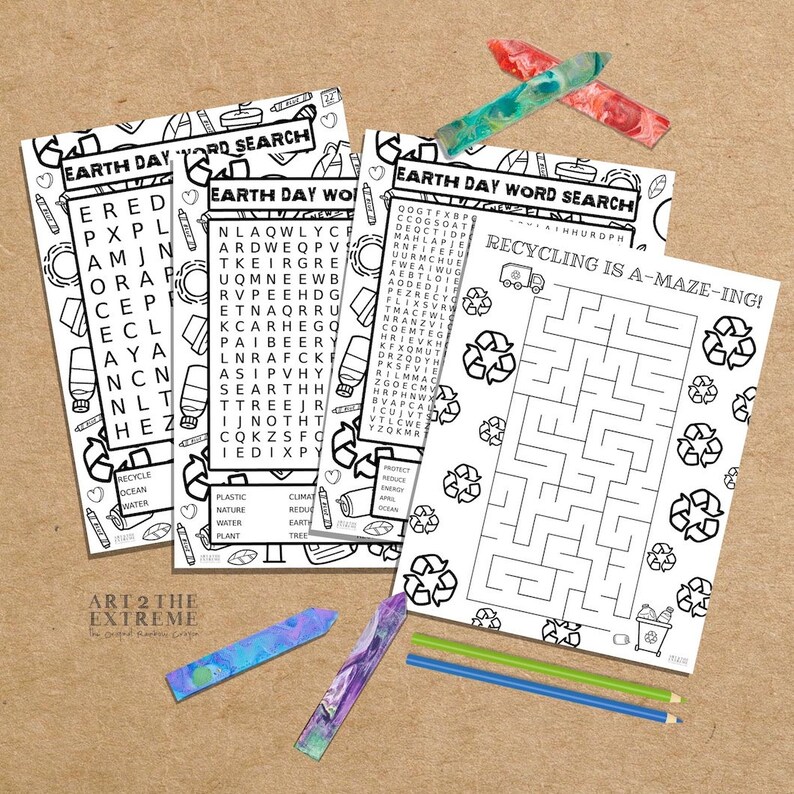May include: Four black and white printable Earth Day word search puzzles. The puzzles feature words related to recycling, nature, and the environment. The puzzles are designed for children and adults. The puzzles are printed on white paper and have a black border.