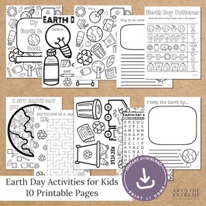 May include: A set of 10 printable Earth Day activity pages for kids. The pages feature black and white illustrations of a recycling bin, a globe, a light bulb, and a truck. The pages include activities such as word searches, mazes, and patterns.