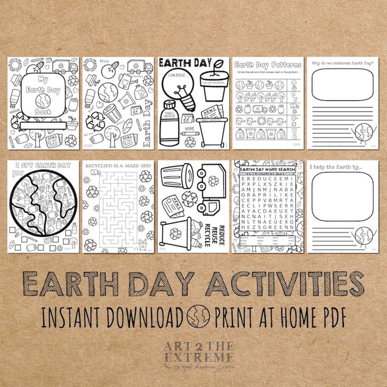 May include: Black and white printable Earth Day activities for kids. The activities include a word search, maze, I spy, and coloring pages. The text on the page says "Earth Day Activities, Instant Download, Print at Home PDF".