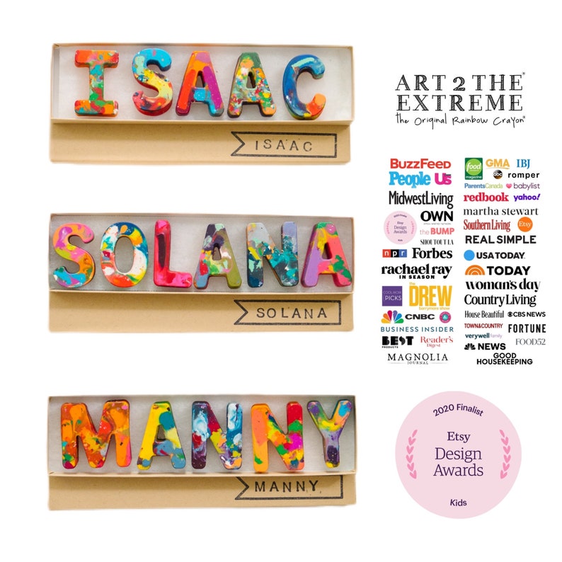 Crayon name gift for kids. Crayon letters that spell out a personalized name. Each rainbow crayon letter is made with a rainbow of colors and comes in a ready to gift box.