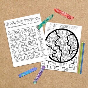 May include: Two black and white printable worksheets for kids. The first worksheet is titled "Earth Day Patterns" and has a series of patterns to complete. The second worksheet is titled "I Spy Earth Day" and has a picture of the Earth with various objects hidden inside.