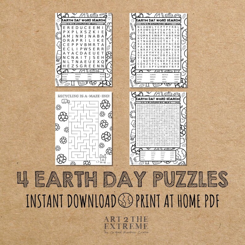 May include: Four black and white Earth Day themed printable puzzles. The puzzles include a word search, a maze, and two more word searches. The text "4 Earth Day Puzzles" is at the bottom of the image. The text "Instant Download Print at Home PDF" is below the title. The text "Art 2 The Extreme" is at the bottom of the image.