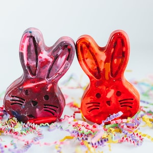 May include: Two Easter bunny shaped crayons, one red and one purple, sitting on a bed of colorful shredded paper.