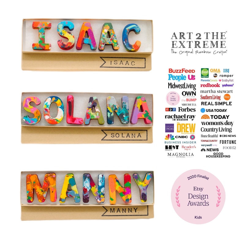 Personalized crayon names featuring Multi-colored crayons in ABC shapes. Crayon shop, Art 2 the Extreme, creates custom crayons in any name! Each crayon letter is easy to hold and features an array of bright colors that blend together.