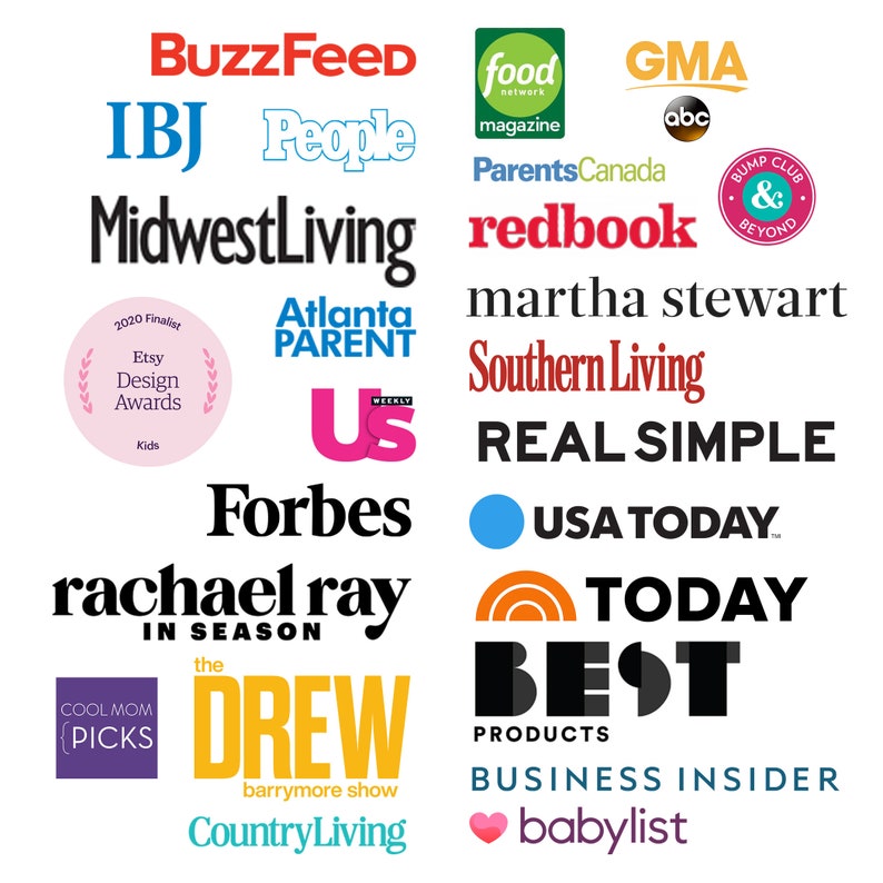May include: A collage of magazine logos, including BuzzFeed, People, MidwestLiving, redbook, martha stewart, Southern Living, REAL SIMPLE, USA TODAY, TODAY, BUSINESS INSIDER, and babylist.