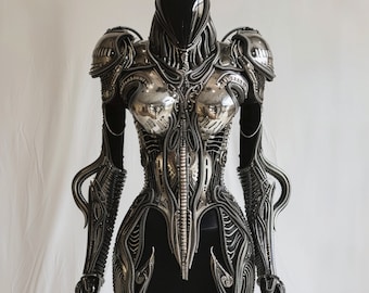 garmet design female jumpsuit inspired by hr giger alien creature