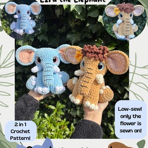 Op de afbeelding: Een haakpatroon met twee olifantenpluche ontwerpen, één blauw en één bruin, met grote oren en gedetailleerde slurf. De tekst luidt "Maya the Mammoth and Ezra the Elephant" en "2 in 1 Crochet Pattern!" met de naam van de ontwerper.