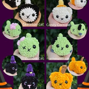 Op de afbeelding: Een verzameling handgemaakte gehaakte kattenknuffels in verschillende Halloween-thema's. De afbeelding toont een skeletkat, een snoepmaïskat, een zombiekkat, een Frankenstein-kat, een heksenkat en een pompoenkat. De tekst "Mini loaf cat Halloween MOD" staat bovenaan.