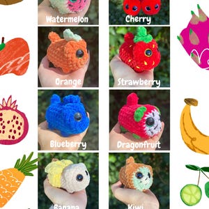 Op de afbeelding: Een verzameling gehaakte kattenknuffels in de vorm van verschillende vruchten, waaronder watermeloen, kers, sinaasappel, aardbei, bosbes, drakenfruit, banaan en kiwi. De knuffels zijn allemaal klein en hebben grote ogen. De tekst "Mini loaf cat fruit MOD By JoolsCrochetPlushies" staat onderaan de afbeelding.