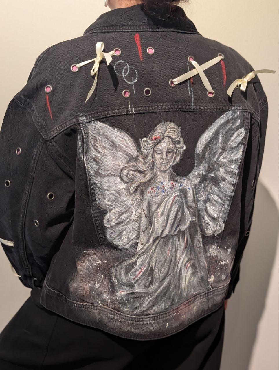 Hand-painted Denim Jacket: Dark Angel Artwear, Ribbon Sleeves