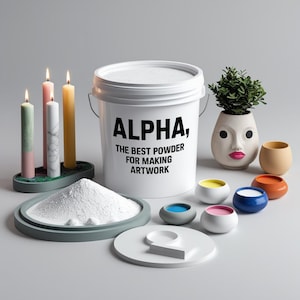 May include: White bucket with black text that reads "ALPHA, THE BEST POWDER FOR MAKING ARTWORK". The bucket is surrounded by various colored containers, candles, and a white powder.