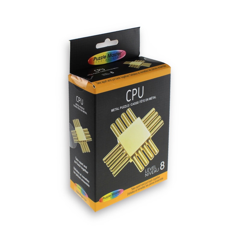 May include: A gold metal puzzle box with the text "CPU" and "Metal Puzzle/Casse-Tete en Metal" on the front. The box has a level 8 difficulty rating.