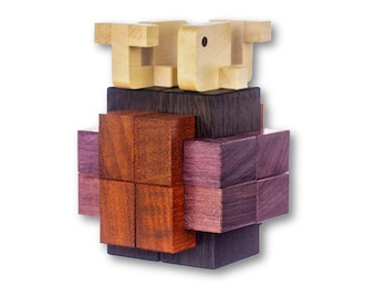 Waltzing Whales Wood Burr Puzzle, Vibrant Mixed Woods IQ Logic Brain Teaser