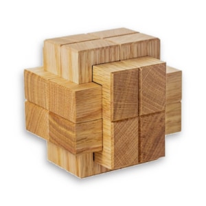 May include: A wooden puzzle with a complex interlocking design. The puzzle is made of multiple square blocks that are connected in a way that creates a three-dimensional shape.