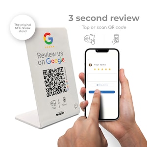 May include: A white NFC review stand with the Google logo and a QR code. The stand displays "Review us on Google." A smartphone shows a Google review form. The text reads "3 second review."