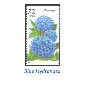 Cinco sellos de 32 centavos con flores de hortensia azul / Sello postal antiguo sin usar / Paquete de 5 sellos / Franqueo de invitación de boda / Flores de boda azules