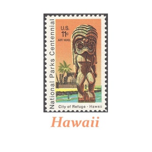 May include: A vintage US postage stamp featuring a wooden tiki statue with a city of refuge in Hawaii. The stamp is part of the National Parks Centennial series and is valued at 11 cents. The stamp is in the style of a traditional Hawaiian design.