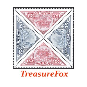 May include: A vintage US postage stamp with a red, white, and blue design. The stamp features a stagecoach and the text "USA PACIFIC 97 32".