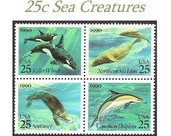 TWENTY 25c Sea Creatures stamps | 4 Different Sea Mammals | Vintage MINT Unused US postage stamps |  Whales | Sea Lions | Otter | Dolphins