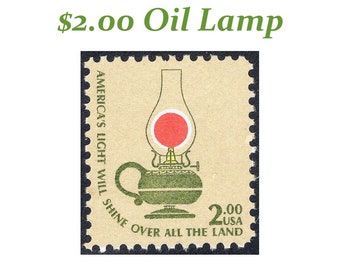 One 2-Dollar Oil Lamp Stamps | Vintage Unused postage stamps | Colonial Americana stamps | Wedding postage | Americana stamp series 1968