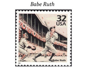 Vijf 32c Babe Ruth-postzegels... Ongebruikte Amerikaanse postzegels | Honkbalwedstrijd | Homerunkoning | New York Yankees | Lou Gehrig | Wereld series