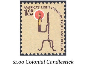 FIVE  1-Dollar Colonial  Rush Lamp Candlestick Stamps | Pack of 5 Vintage Unused postage stamps | Colonial America | Wedding postage