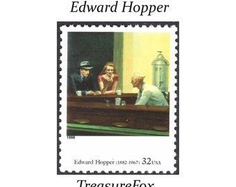 VIJF 32c Edward Hopper-Nighthawks-stempel .. Vintage ongebruikte Amerikaanse postzegels | Amerikaanse kunst | Folklore | Schilderijen op postzegels | Kunst | Schilderij