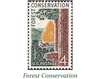 Pack of 10 | 4c Forest Conservation | Vintage UNused US Postage Stamps | Trees and Deer | Evergreens | Botanical | Boho | Stamps for mailing