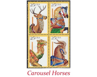 25c Carousel Horses | Unused US postage stamps | Amusement park | Disneyland | State Fair | Birthday Party | Six Flags | Carnaval rides