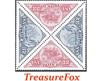 EIGHT (8) 32c Pacific Stagecoach and Ship Stamps .. Unused US Postage Stamps | San Francisco | Triangle shaped stamps | Vintage California