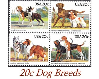 TWENTY 20c American Dog Breeds | 8 Different Dogs Featured | Vintage MINT Unused US postage stamps | Pets | Animal lovers | Dog lovers