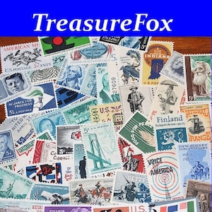 50 sellos postales estadounidenses antiguos de 5 centavos sin usar de la década de 1960. Una bolsa con cincuenta sellos diferentes. Amigos por correspondencia, álbumes de recortes, cartas y correo.