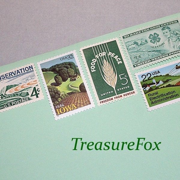 Green Acres .. Unused Vintage US Postage Stamps .. Enough to mail 5 letters. Country living, food for thought, vegetables, Television show