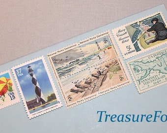 Beach FUN .. Unused Vintage US Postage Stamps .. Enough to mail 10 letters | Fishing | Sunbathing | Seashells | Sail boating | Sandy Beaches