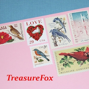 AMOR / Flores y pájaros / Sellos postales vintage de EE. UU. sin usar / correo 10 cartas / tarifa 66c / Invitaciones de boda / Amante de las aves / Ramo de novia