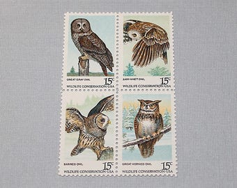 Twenty 15c American Owls Stamps | 4 Different Owls Featured | Vintage MINT Unused US postage stamps | Barn weddings, nature hunts, birds,