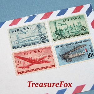 Vuelo a campo traviesa / PREMIUM / Sellos postales vintage de EE. UU. sin usar / correo 10 cartas / tarifa 73c / Viajes, vacaciones, aeropuertos / ¡empaca tus maletas!