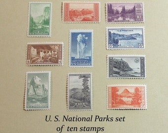 Conjunto de 10 selos de Parques Nacionais de 1934. Selos postais antigos dos EUA, nunca usados | Yosemite | Grand Canyon | Yellowstone | Monte Ranier | Zion