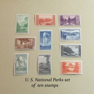 Set von 10 Nationalpark Briefmarken von 1934 .. Vintage unbenutzte US Briefmarken | Yosemite | Grand Canyon | Gelbstein | Berg Ranier | Zion