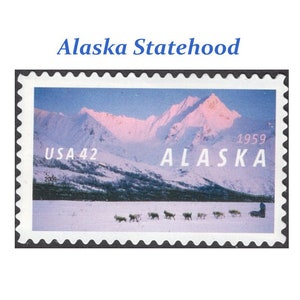 Sello de estadidad de Alaska 42c / Sello postal vintage sin usar / Paquete de 5 sellos / Novia de las Montañas Rocosas / Parque Nacional Denali / Carrera Iditarod