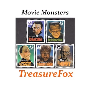 Conjunto de 5 sellos de MONSTRUOS DE PELÍCULAS de 32 c / Sellos postales estadounidenses sin usar / Halloween / Drácula / Frankenstein / El Hombre Lobo / La Momia / El Fantasma de la Ópera