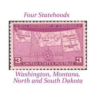 3c Sello de cuatro estadidades.. Sellos postales estadounidenses no utilizados .. Pack de 10 sellos / Washington / Montana / Dakota del Norte / Dakota del Sur / Noroeste