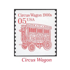 DIEZ sellos de transporte de 5 c de la década de 1900 con carros de circo. Sellos postales estadounidenses sin usar. Paquete de 10 sellos / Payasos / Acróbatas / Elefantes / Carpa grande